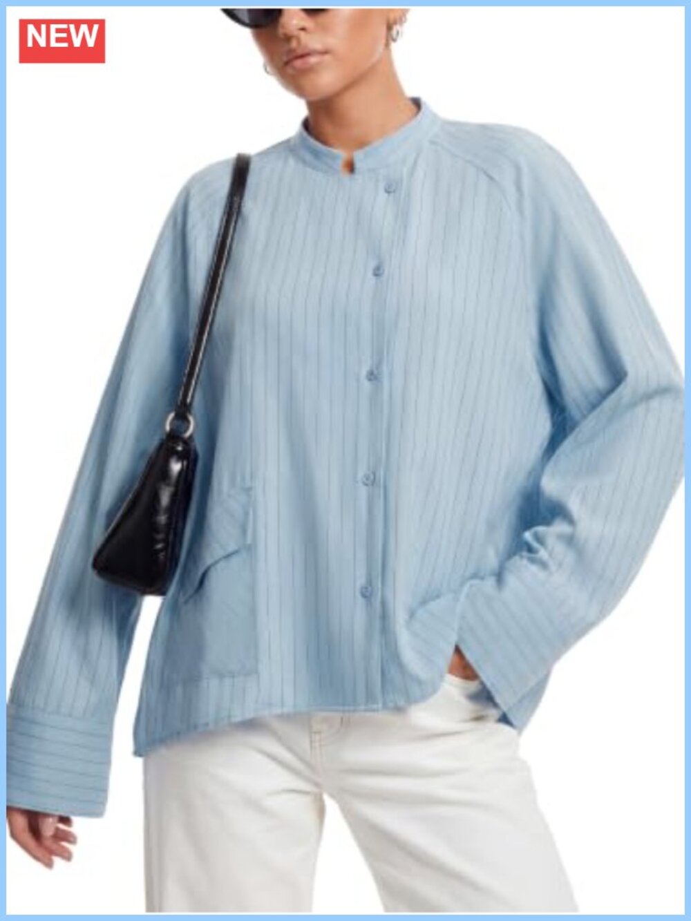 Striped Button Down Shirt Mock Neck Asymmetric Long Sleeve Casual Blouse